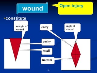wound
Open injury
•constitute
entry angle of
wound
创缘
创壁
cavity
margin of
wound
wall
bottom
33
 