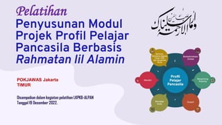 Pelatihan
Penyusunan Modul
Projek Profil Pelajar
Pancasila Berbasis
Rahmatan lil Alamin
Disampaikan dalam kegiatan pelatihan LKPKB-ALPAN
Tanggal 19 Desember 2022.
POKJAWAS Jakarta
TIMUR
 