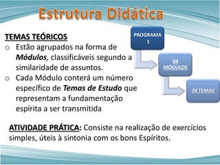 TEMAS TEÓRICOS
o Estão agrupados na forma de
Módulos, classificáveis segundo a
similaridade de assuntos.
o Cada Módulo conterá um número
específico de Temas de Estudo que
representam a fundamentação
espírita a ser transmitida
PROGRAMA
1
04
MÓDULOS
28 TEMAS
ATIVIDADE PRÁTICA: Consiste na realização de exercícios
simples, úteis à sintonia com os bons Espíritos.
5
 