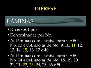 DIÉRESE
LÂMINAS
•Diversos tipos
•Denominadas por No.
•As lâminas com encaixe para CABO
No. 03 e 03L são as de No. 9, 10, 11, 12,
13, 14, 15, 16, 17 e 40.
•As lâminas com encaixe para CABO
No. 04 e 04L são as de No. 18, 19, 20,
21, 21, 22, 23, 24, 25, 36 e 50.
 