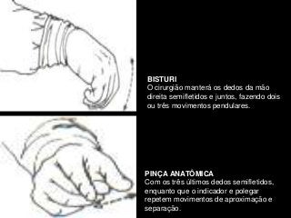BISTURI
O cirurgião manterá os dedos da mão
direita semifletidos e juntos, fazendo dois
ou três movimentos pendulares.
PINÇA ANATÔMICA
Com os três últimos dedos semifletidos,
enquanto que o indicador e polegar
repetem movimentos de aproximação e
separação.
 