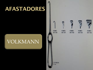 AFASTADORES
AUTO-ESTÁTICOS – mantêm-se
abertos sem a intervenção do
elemento humano, expondo o
campo cirúrgico
•BALFOUR – Abdome
•GOSSET – Abdome
•FINOCHIETTO - Tórax
•WEITLANER – hérnias
•Gelpi - hérnias
 