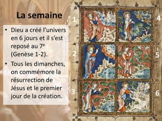La semaine
• Dieu a créé l’univers
en 6 jours et il s’est
reposé au 7e
(Genèse 1-2).
• Tous les dimanches,
on commémore la
résurrection de
Jésus et le premier
jour de la création.
2
1
6
5
4
3
 