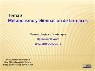 Tema 3
Metabolismo y eliminación de fármacos
Farmacología en fisioterapia
OpenCourseWare
UPV/EHU OCW-2017
Dr. Iván Manuel Vicente
Dra. María Torrecilla Sesma
Dpto. Farmacología UPV/EHU
 