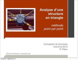 Analyse d’une 
structure 
en triangle 
méthode 
point par point 
Conception de structures 
Automne 2012 
R. Pleau 
École d’architecture, Université Laval 
vendredi 7 septembre 12 
 