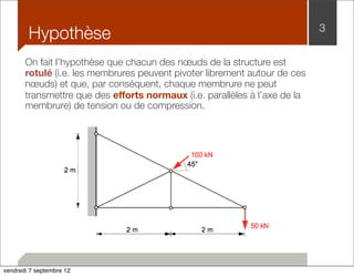 Hypothèse 3 
On fait l’hypothèse que chacun des noeuds de la structure est 
rotulé (i.e. les membrures peuvent pivoter librement autour de ces 
noeuds) et que, par conséquent, chaque membrure ne peut 
transmettre que des efforts normaux (i.e. parallèles à l’axe de la 
membrure) de tension ou de compression. 
vendredi 7 septembre 12 
 
