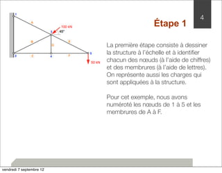 Étape 1 
4 
La première étape consiste à dessiner 
la structure à l’échelle et à identifier 
chacun des noeuds (à l’aide de chiffres) 
et des membrures (à l’aide de lettres). 
On représente aussi les charges qui 
sont appliquées à la structure. 
Pour cet exemple, nous avons 
numéroté les noeuds de 1 à 5 et les 
membrures de A à F. 
vendredi 7 septembre 12 
 