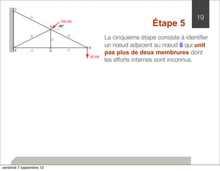 19 
Étape 5 
La cinquième étape consiste à identifier 
un noeud adjacent au noeud 5 qui unit 
pas plus de deux membrures dont 
les efforts internes sont inconnus. 
vendredi 7 septembre 12 
 