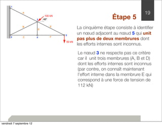 19 
Étape 5 
La cinquième étape consiste à identifier 
un noeud adjacent au noeud 5 qui unit 
pas plus de deux membrures dont 
les efforts internes sont inconnus. 
Le noeud 3 ne respecte pas ce critère 
car il unit trois membrures (A, B et D) 
dont les efforts internes sont inconnus 
(par contre, on connaît maintenant 
l’effort interne dans la membrure E qui 
correspond à une force de tension de 
112 kN) 
vendredi 7 septembre 12 
 