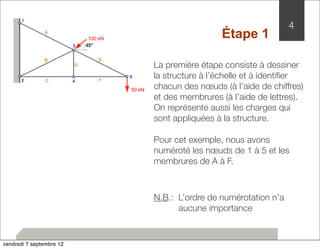 Étape 1 
La première étape consiste à dessiner 
la structure à l’échelle et à identifier 
chacun des noeuds (à l’aide de chiffres) 
et des membrures (à l’aide de lettres). 
On représente aussi les charges qui 
sont appliquées à la structure. 
N.B.: L’ordre de numérotation n’a 
aucune importance 
4 
Pour cet exemple, nous avons 
numéroté les noeuds de 1 à 5 et les 
membrures de A à F. 
vendredi 7 septembre 12 
 