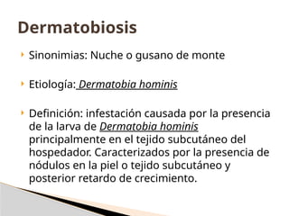  Sinonimias: Nuche o gusano de monte
 Etiología: Dermatobia hominis
 Definición: infestación causada por la presencia
de la larva de Dermatobia hominis
principalmente en el tejido subcutáneo del
hospedador. Caracterizados por la presencia de
nódulos en la piel o tejido subcutáneo y
posterior retardo de crecimiento.
Dermatobiosis
 