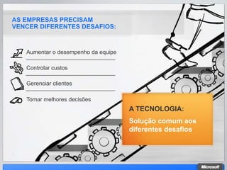 AS EMPRESAS PRECISAM
VENCER DIFERENTES DESAFIOS:



   Aumentar o desempenho da equipe

   Controlar custos

   Gerenciar clientes

   Tomar melhores decisões
                                     A TECNOLOGIA:
                                     Solução comum aos
                                     diferentes desafios
 