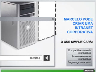 MARCELO PODE
              CRIAR UMA
               INTRANET
            CORPORATIVA

          O QUE SIMPLIFICARÁ:

              Compartilhamento de
                      informações
                 Acesso remoto as
BUSCA |               informações
              Segurança no acesso
 