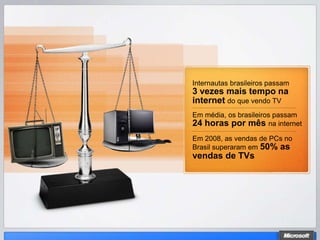 Internautas brasileiros passam
3 vezes mais tempo na
internet do que vendo TV
Em média, os brasileiros passam
24 horas por mês na internet
Em 2008, as vendas de PCs no
Brasil superaram em 50% as
vendas de TVs
 