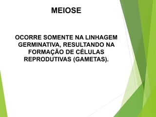 MEIOSE
OCORRE SOMENTE NA LINHAGEM
GERMINATIVA, RESULTANDO NA
FORMAÇÃO DE CÉLULAS
REPRODUTIVAS (GAMETAS).
 