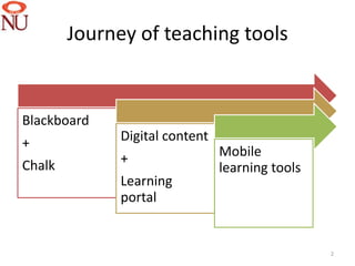 Journey of teaching tools


Blackboard
+             Digital content
              +                 Mobile
Chalk                           learning tools
              Learning
              portal


                                                 2
 
