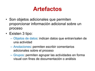 Artefactos
• Son objetos adicionales que permiten
proporcionar información adicional sobre un
proceso
• Existen 3 tipo:
– Objetos de datos: indican datos que entran/salen de
una actividad
– Anotaciones: permiten escribir comentarios
adicionales sobre el proceso
– Grupos: permiten agrupar las actividades en forma
visual con fines de documentación o análisis
 