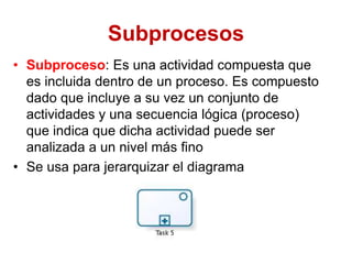 Subprocesos
• Subproceso: Es una actividad compuesta que
es incluida dentro de un proceso. Es compuesto
dado que incluye a su vez un conjunto de
actividades y una secuencia lógica (proceso)
que indica que dicha actividad puede ser
analizada a un nivel más fino
• Se usa para jerarquizar el diagrama
 