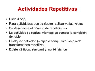 Actividades Repetitivas
• Ciclo (Loop)
• Para actividades que se deben realizar varias veces
• Se desconoce el número de repeticiones
• La actividad se realiza mientras se cumpla la condición
del ciclo
• Cualquier actividad (simple o compuesta) se puede
transformar en repetitiva
• Existen 2 tipos: standard y multi-instance
 
