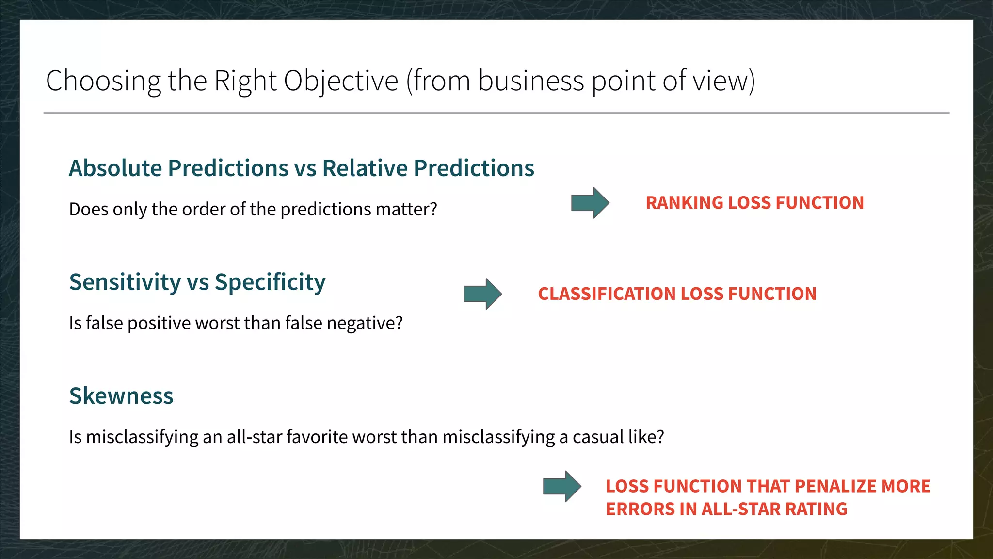 Choosing the Right Objective (from business point of view)
Absolute Predictions vs Relative Predictions
Does only the order of the predictions matter?
Sensitivity vs Specificity
Is false positive worst than false negative?
Skewness
Is misclassifying an all-star favorite worst than misclassifying a casual like?
LOSS FUNCTION THAT PENALIZE MORE
ERRORS IN ALL-STAR RATING
RANKING LOSS FUNCTION
CLASSIFICATION LOSS FUNCTION
 