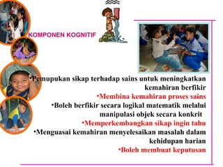 Pemupukan sikap terhadap sains untuk meningkatkan kemahiran berfikir Membina kemahiran proses sains Boleh berfikir secara logikal matematik melalui manipulasi objek secara konkrit  Memperkembangkan sikap ingin tahu Menguasai kemahiran menyelesaikan masalah dalam kehidupan harian Boleh membuat keputusan KOMPONEN KOGNITIF 