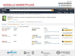 29 di 41
1) I clienti (consumatori finali) vedono i prodotti
nel nostro sito web di marketplace, acquistano
i prodotti dal rivenditore e pagando il
rivenditore.
2) Il produttore/grossista spedisce la merce al
cliente (consumatore finale).
Analisi
E-tail rivenditore
Magazzino No
N° di spedizioni 1
Vendita diretta al
cliente
No
Advertising €€€
Fornitori Tanti
Anagrafica cliente Non nostra
Catalogo e prezzi Pubblici
MODELLO MARKETPLACEMODELLO MARKETPLACE
 