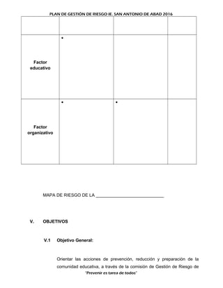 PLAN DE GESTIÓN DE RIESGO IE. SAN ANTONIO DE ABAD 2016
Factor
educativo
•
Factor
organizativo
• •
MAPA DE RIESGO DE LA ____________________________
V. OBJETIVOS
V.1 Objetivo General:
Orientar las acciones de prevención, reducción y preparación de la
comunidad educativa, a través de la comisión de Gestión de Riesgo de
“Prevenir es tarea de todos”
 