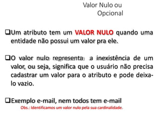 Valor Nulo ou
Opcional
Um atributo tem um VALOR NULO quando uma
entidade não possui um valor pra ele.
O valor nulo representa a inexistência de um
valor, ou seja, significa que o usuário não precisa
cadastrar um valor para o atributo e pode deixa-
lo vazio.
Exemplo e-mail, nem todos tem e-mail
Obs.: Identificamos um valor nulo pela sua cardinalidade.
 