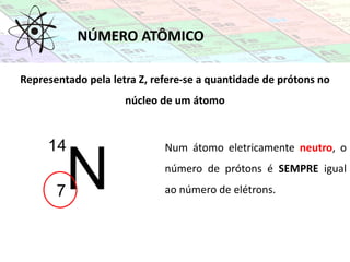 Representado pela letra Z, refere-se a quantidade de prótons no
núcleo de um átomo
Num átomo eletricamente neutro, o
número de prótons é SEMPRE igual
ao número de elétrons.
NÚMERO ATÔMICO
 