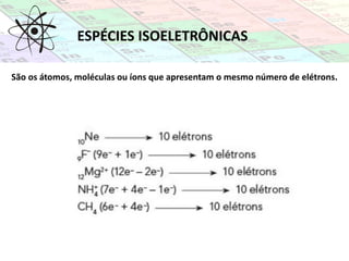 São os átomos, moléculas ou íons que apresentam o mesmo número de elétrons.
ESPÉCIES ISOELETRÔNICAS
 