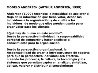 MODELO ANDERSEN (ARTHUR ANDERSEN, 1999)

Andersen (1999) reconoce la necesidad de acelerar el
flujo de la información que tiene valor, desde los
individuos a la organización y de vuelta a los
individuos, de modo que ellos puedan usarla para
crear valor para los clientes.

¿Qué hay de nuevo en este modelo?.
Desde la perspectiva individual, la responsabilidad
personal de compartir y hacer explícito el
conocimiento para la organización.

Desde la perspectiva organizacional, la
responsabilidad de crear la infraestructura de soporte
para que la perspectiva individual sea efectiva,
creando los procesos, la cultura, la tecnología y los
sistemas que permitan capturar, analizar, sintetizar,
aplicar, valorar y distribuir el conocimiento
 