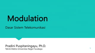 Modulation
1
Dasar Sistem Telekomunikasi
Pradini Puspitaningayu, Ph.D.
Teknik Elektro Universitas Negeri Surabaya
 