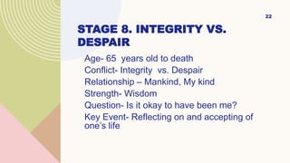 STAGE 8. INTEGRITY VS.
DESPAIR
Age- 65 years old to death
Conflict- Integrity vs. Despair
Relationship – Mankind, My kind
Strength- Wisdom
Question- Is it okay to have been me?
Key Event- Reflecting on and accepting of
one’s life
22
 