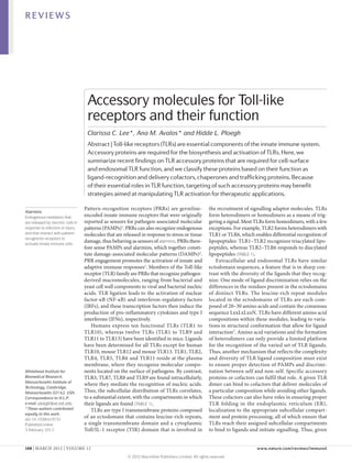 REVIEWS




                                     Accessory molecules for Toll-like
                                     receptors and their function
                                     Clarissa C. Lee*, Ana M. Avalos* and Hidde L. Ploegh
                                     Abstract | Toll-like receptors (TLRs) are essential components of the innate immune system.
                                     Accessory proteins are required for the biosynthesis and activation of TLRs. Here, we
                                     summarize recent findings on TLR accessory proteins that are required for cell-surface
                                     and endosomal TLR function, and we classify these proteins based on their function as
                                     ligand-recognition and delivery cofactors, chaperones and trafficking proteins. Because
                                     of their essential roles in TLR function, targeting of such accessory proteins may benefit
                                     strategies aimed at manipulating TLR activation for therapeutic applications.

                                    Pattern-recognition receptors (PRRs) are germline-                  the recruitment of signalling adaptor molecules. TLRs
Alarmins
Endogenous mediators that           encoded innate immune receptors that were originally                form heterodimers or homodimers as a means of trig-
are released by necrotic cells in   reported as sensors for pathogen-associated molecular               gering a signal. Most TLRs form homodimers, with a few
response to infection or injury     patterns (PAMPs)1. PRRs can also recognize endogenous               exceptions. For example, TLR2 forms hetero­dimers with
and that interact with pattern-     molecules that are released in response to stress or tissue         TLR1 or TLR6, which enables differential recognition of
recognition receptors to
activate innate immune cells.
                                    damage, thus behaving as sensors of alarmins. PRRs there-           lipopeptides: TLR1–TLR2 recognizes triacylated lipo-
                                    fore sense PAMPs and alarmins, which together consti-               peptides, whereas TLR2–TLR6 responds to diacylated
                                    tute damage-associated molecular patterns (DAMPs)2.                 lipopeptides (TABLE 1).
                                    PRR engagement promotes the activation of innate and                   Extracellular and endosomal TLRs have similar
                                    adaptive immune responses1. Members of the Toll-like                ectodomain sequences, a feature that is in sharp con-
                                    receptor (TLR) family are PRRs that recognize pathogen-             trast with the diversity of the ligands that they recog-
                                    derived macromolecules, ranging from bacterial and                  nize. One mode of ligand discrimination relies on the
                                    yeast cell wall components to viral and bacterial nucleic           differences in the residues present in the ectodomains
                                    acids. TLR ligation leads to the activation of nuclear              of distinct TLRs. The leucine-rich repeat modules
                                    factor-κB (NF-κB) and interferon-regulatory factors                 located in the ectodomains of TLRs are each com-
                                    (IRFs), and these transcription factors then induce the             posed of 20–30 amino acids and contain the consensus
                                    production of pro-inflammatory cytokines and type I                 sequence LxxLxLxxN. TLRs have different amino acid
                                    interferons (IFNs), respectively.                                   compositions within these modules, leading to varia-
                                        Humans express ten functional TLRs (TLR1 to                     tions in structural conformation that allow for ligand
                                    TLR10), whereas twelve TLRs (TLR1 to TLR9 and                       interaction3. Amino acid variations and the formation
                                    TLR11 to TLR13) have been identified in mice. Ligands               of heterodimers can only provide a limited platform
                                    have been determined for all TLRs except for human                  for the recognition of the varied set of TLR ligands.
                                    TLR10, mouse TLR12 and mouse TLR13. TLR1, TLR2,                     Thus, another mechanism that reflects the complexity
                                    TLR4, TLR5, TLR6 and TLR11 reside at the plasma                     and diversity of TLR ligand composition must exist
                                    membrane, where they recognize molecular compo-                     to ensure proper detection of PAMPs and discrimi-
Whitehead Institute for             nents located on the surface of pathogens. By contrast,             nation between self and non-self. Specific accessory
Biomedical Research,                TLR3, TLR7, TLR8 and TLR9 are found intracellularly,                proteins or cofactors can fulfil that role. A given TLR
Massachusetts Institute of
                                    where they mediate the recognition of nucleic acids.                dimer can bind to co­ actors that deliver molecules of
                                                                                                                               f
Technology, Cambridge,
Massachusetts 02142, USA.           Thus, the subcellular distribution of TLRs correlates,              a particular composition while avoiding other ligands.
Correspondence to H.L.P.            to a substantial extent, with the compartments in which             These cofactors can also have roles in ensuring proper
e-mail: ploegh@wi.mit.edu           their ligands are found (TABLE 1).                                  TLR folding in the endoplasmic reticulum (ER),
*These authors contributed              TLRs are type I transmembrane proteins composed                 localization to the appropriate subcellular compart-
equally to this work.
doi:10.1038/nri3151
                                    of an ectodomain that contains leucine-rich repeats,                ment and protein processing, all of which ensure that
Published online                    a single transmembrane domain and a cyto­ lasmic  p                 TLRs reach their assigned subcellular compartments
3 February 2012                     Toll/IL‑1 receptor (TIR) domain that is involved in                 to bind to ligands and initiate signalling. Thus, given


168 | MARCH 2012 | VOLUME 12	                                                                                                 www.nature.com/reviews/immunol

                                                         © 2012 Macmillan Publishers Limited. All rights reserved
 