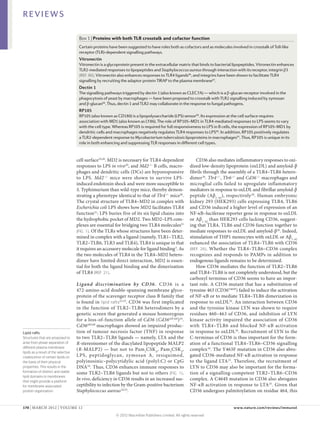 REVIEWS

                                       Box 1 | Proteins with both TLR crosstalk and cofactor function
                                       Certain proteins have been suggested to have roles both as cofactors and as molecules involved in crosstalk of Toll-like
                                       receptor (TLR)-dependent signalling pathways.
                                       Vitronectin
                                       Vitronectin is a glycoprotein present in the extracellular matrix that binds to bacterial lipopeptides. Vitronectin enhances
                                       TLR2‑mediated responses to lipopeptides and Staphylococcus aureus through interaction with its receptor, integrin β3
                                       (REF. 86). Vitronectin also enhances responses to TLR4 ligands86, and integrins have been shown to facilitate TLR4
                                       signalling by recruiting the adaptor protein TIRAP to the plasma membrane87.
                                       Dectin 1
                                       The signalling pathways triggered by dectin 1 (also known as CLEC7A) — which is a β‑glucan receptor involved in the
                                       phagocytosis of yeast by macrophages — have been proposed to crosstalk with TLR2 signalling induced by zymosan
                                       and β‑glucan88. Thus, dectin 1 and TLR2 may collaborate in the response to fungal pathogens.
                                       RP105
                                       RP105 (also known as CD180) is a lipopolysaccharide (LPS) sensor89. Its expression at the cell surface requires
                                       association with MD1 (also known as LY86). The role of RP105­ MD1 in TLR4‑mediated responses to LPS seems to vary
                                                                                                      –
                                       with the cell type. Whereas RP105 is required for full responsiveness to LPS in B cells, the expression of RP105–MD1 by
                                       dendritic cells and macrophages negatively regulates TLR4 responses to LPS90. In addition, RP105 positively regulates
                                       a TLR2‑dependent response to Mycobacterium tuberculosis lipoproteins in macrophages91. Thus, RP105 is unique in its
                                       role in both enhancing and suppressing TLR responses in different cell types.


                                      cell surface19,20. MD2 is necessary for TLR4‑dependent                  CD36 also mediates inflammatory responses to oxi-
                                      responses to LPS in vivo 20, and Md2–/– B cells, macro­              dized low-density lipoprotein (oxLDL) and amyloid‑β
                                      phages and dendritic cells (DCs) are hypo­ esponsive
                                                                                    r                      fibrils through the assembly of a TLR4–TLR6 hetero­
                                      to LPS. Md2 –/– mice were shown to survive LPS-                      dimer 26. Tlr4–/–, Tlr6–/– and Cd36–/– macrophages and
                                      induced endotoxin shock and were more susceptible to                 microglial cells failed to upregulate inflammatory
                                      S. Typhimurium than wild-type mice, thereby demon-                   mediators in response to oxLDL and fibrillar amyloid‑β
                                      strating a phenotype identical to that of Tlr4–/– mice20.            peptide (Aβ 1–42), respectively 26. Human embryonic
                                      The crystal structure of TLR4–MD2 in complex with                    kidney 293 (HEK293) cells expressing TLR4, TLR6
                                      Escherichia coli LPS shows how MD2 facilitates TLR4                  and CD36 induced a higher level of expression of an
                                      function21: LPS buries five of its six lipid chains into             NF‑κB–luciferase reporter gene in response to oxLDL
                                      the hydrophobic pocket of MD2. Two MD2–LPS com-                      or Aβ1–42 than HEK293 cells lacking CD36, suggest-
                                      plexes are essential for bridging two TLR4 molecules21               ing that TLR4, TLR6 and CD36 function together to
                                      (FIG. 1). Of the TLRs whose structures have been deter-              mediate responses to oxLDL and amyloid‑β26. Indeed,
                                      mined in complex with a ligand (namely, TLR1–TLR2,                   stimulation of THP1 monocytes with oxLDL or Aβ1–42
                                      TLR2–TLR6, TLR3 and TLR4), TLR4 is unique in that                    enhanced the association of TLR4–TLR6 with CD36
                                      it requires an accessory molecule for ligand binding 3. As           (REF.  26) . Whether the TLR4–TLR6–CD36 complex
                                      the two molecules of TLR4 in the TLR4–MD2 hetero­                    recognizes and responds to PAMPs in addition to
                                      dimer have limited direct interaction, MD2 is essen-                 endogenous ligands remains to be determined.
                                      tial for both the ligand binding and the dimerization                   How CD36 mediates the function of TLR2–TLR6
                                      of TLR4 (REF. 21).                                                   and TLR4–TLR6 is not completely understood, but the
                                                                                                           carboxyl terminus of CD36 seems to have an impor-
                                      Ligand di scr imination by CD36. CD36 is a                           tant role. A CD36 mutant that has a substitution of
                                      472‑amino-acid double-spanning membrane glyco-                       tyrosine 463 (CD36Y463F) failed to induce the activation
                                      protein of the scavenger receptor class B family that                of NF‑κB or to mediate TLR4–TLR6 dimerization in
                                      is found in lipid rafts22,23. CD36 was first implicated              response to oxLDL26. An interaction between CD36
                                      in the function of TLR2–TLR6 heterodimers by a                       and the tyrosine kinase LYN was shown to require
                                      genetic screen that generated a mouse homozygous                     residues 460–463 of CD36, and inhibition of LYN
                                      for a loss-of-function allele of Cd36 (Cd36 obl/obl) 24.             kinase activity impaired the association of CD36
                                      Cd36obl/obl macrophages showed an impaired produc-                   with TLR4–TLR6 and blocked NF‑κB activation
Lipid rafts                           tion of tumour necrosis factor (TNF) in response                     in response to oxLDL26. Recruitment of LYN to the
Structures that are proposed to       to two TLR2–TLR6 ligands — namely, LTA and the                       C‑terminus of CD36 is thus important for the form­
arise from phase separation of        R‑stereoisomer of the diacylated lipopeptide MALP2                   ation of a functional TLR4–TLR6–CD36 signalling
different plasma membrane
                                      (R-MALP2) — but not to Pam 2CSK 4, Pam 3CSK 4,                       complex 26. The Y463F mutation in CD36 also abro-
lipids as a result of the selective
coalescence of certain lipids on      LPS, peptidoglycan, zymosan  A, resiquimod,                          gated CD36‑mediated NF‑κB activation in response
the basis of their physical           polyinosinic–polycytidylic acid (polyI:C) or CpG                     to the ligand LTA 25. Therefore, the recruitment of
properties. This results in the       DNA24. Thus, CD36 enhances immune responses to                       LYN to CD36 may also be important for the forma-
formation of distinct and stable      some TLR2–TLR6 ligands but not to others (FIG. 1).                   tion of a signalling-competent TLR2–TLR6–CD36
lipid domains in membranes
that might provide a platform
                                      In vivo, deficiency in CD36 results in an increased sus-             complex. A C464S mutation in CD36 also abrogates
for membrane-associated               ceptibility to infection by the Gram-positive bacterium              NF‑κB activation in response to LTA25. Given that
protein organization.                 Staphylococcus aureus 24,25.                                         CD36 undergoes palmitoylation on residue 464, this


170 | MARCH 2012 | VOLUME 12	                                                                                                    www.nature.com/reviews/immunol

                                                            © 2012 Macmillan Publishers Limited. All rights reserved
 