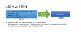 JSON vs BSON
• MongoDB stores data in key-value pairs as a BSON document.
• BSON is a binary representation of a JSON document that supports more data types than JSON.
• MongoDB drivers convert JSON document to BSON data.
 
