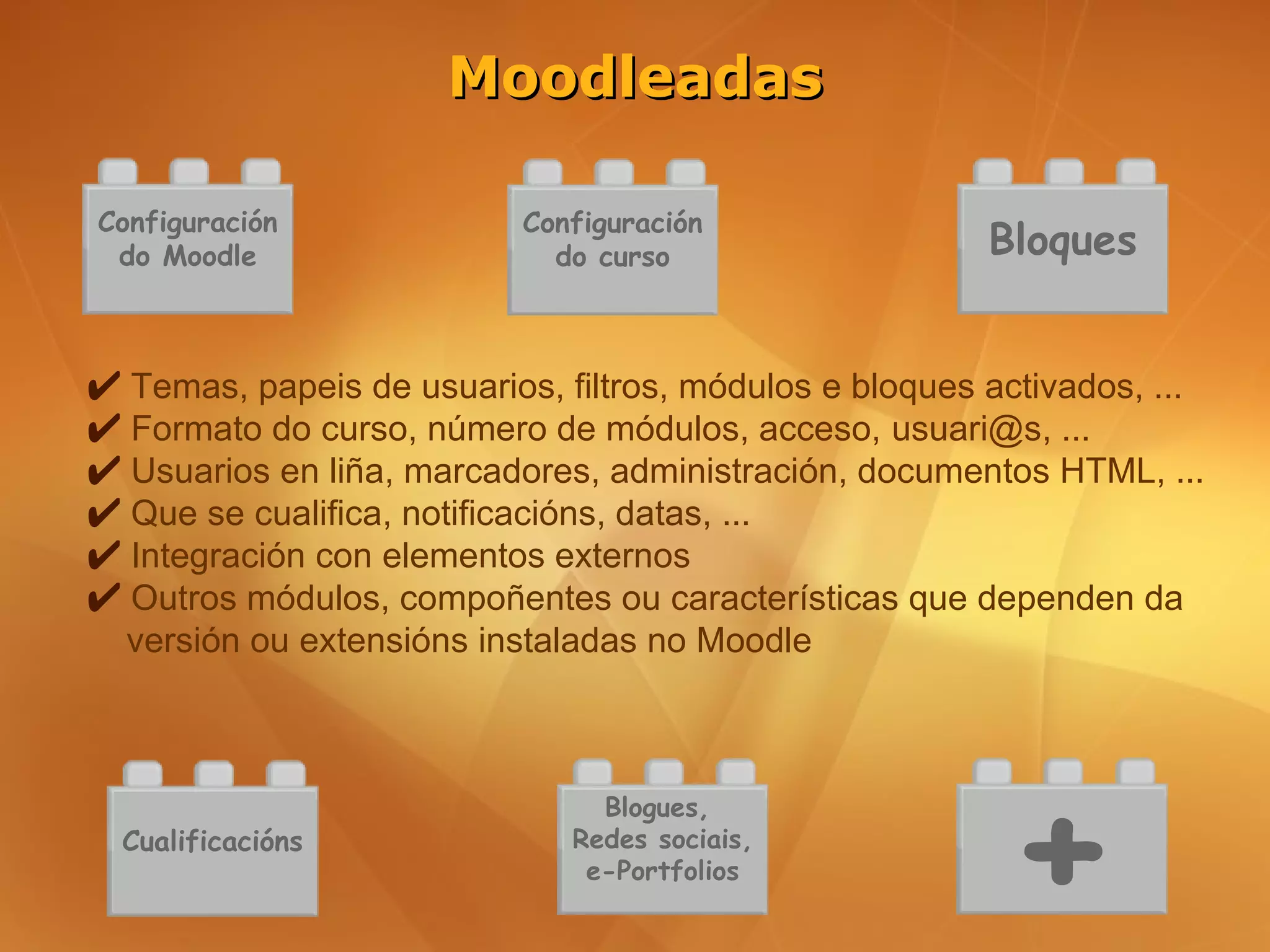 Moodleadas

Configuración              Configuración
 do Moodle                   do curso                   Bloques


✔ Temas, papeis de usuarios, filtros, módulos e bloques activados, ...
✔ Formato do curso, número de módulos, acceso, usuari@s, ...
✔ Usuarios en liña, marcadores, administración, documentos HTML, ...
✔ Que se cualifica, notificacións, datas, ...
✔ Integración con elementos externos
✔ Outros módulos, compoñentes ou características que dependen da
  versión ou extensións instaladas no Moodle




                                                         +
                                Blogues,
  Cualificacións              Redes sociais,
                               e-Portfolios
 