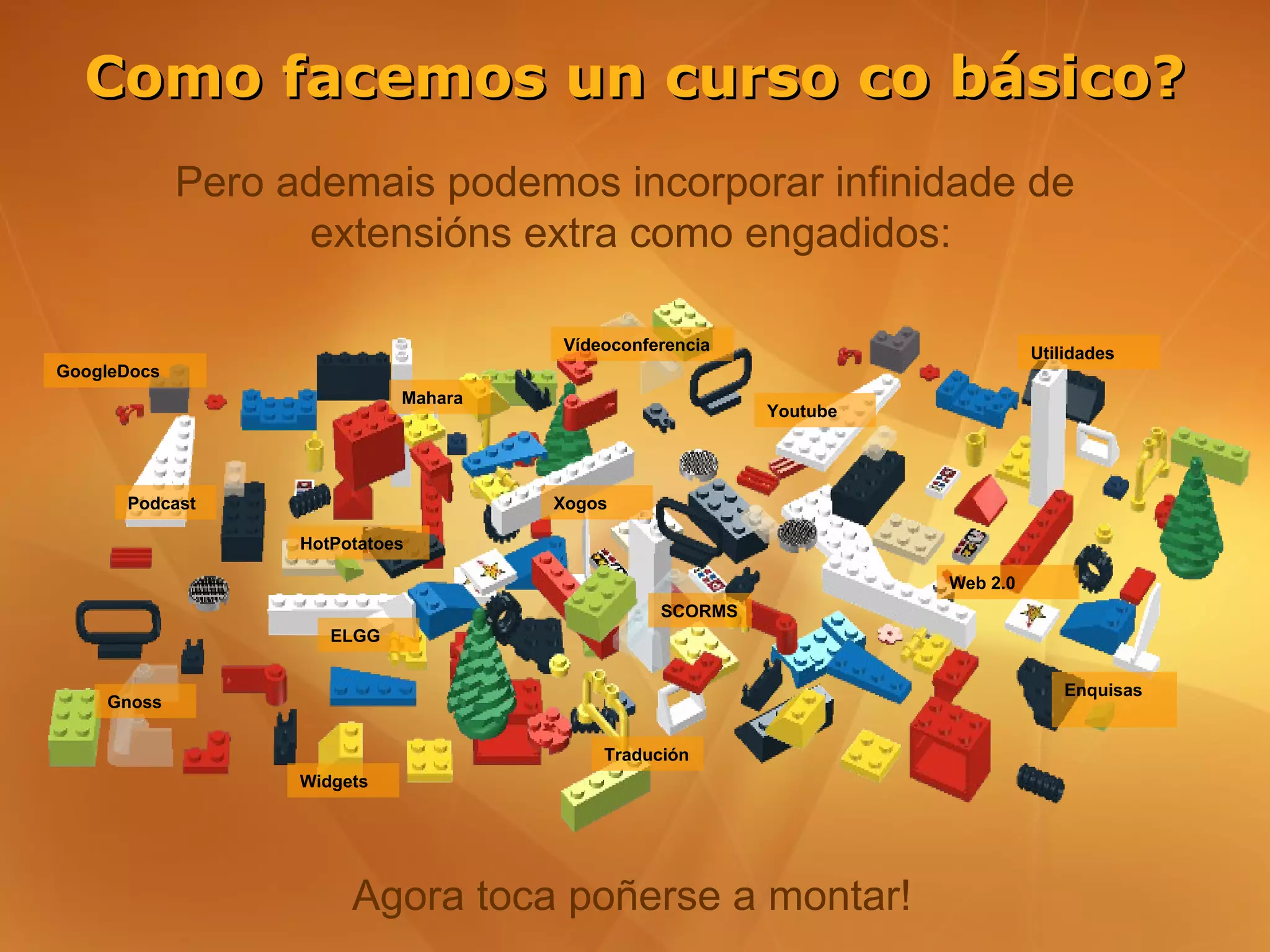 Como facemos un curso co básico?
             Pero ademais podemos incorporar infinidade de
                   extensións extra como engadidos:

                                      Vídeoconferencia                       Utilidades
GoogleDocs
                             Mahara
                                                         Youtube




      Podcast                         Xogos

                   HotPotatoes

                                                                   Web 2.0
                                                SCORMS
                      ELGG


                                                                                 Enquisas
    Gnoss

                                          Tradución
                   Widgets




                        Agora toca poñerse a montar!
 