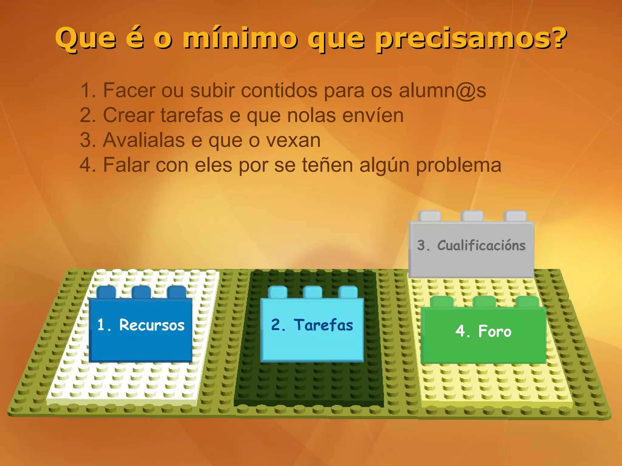 Que é o mínimo que precisamos?
 1. Facer ou subir contidos para os alumn@s
 2. Crear tarefas e que nolas envíen
 3. Avalialas e que o vexan
 4. Falar con eles por se teñen algún problema


                                    3. Cualificacións




  1. Recursos        2. Tarefas           4. Foro
 