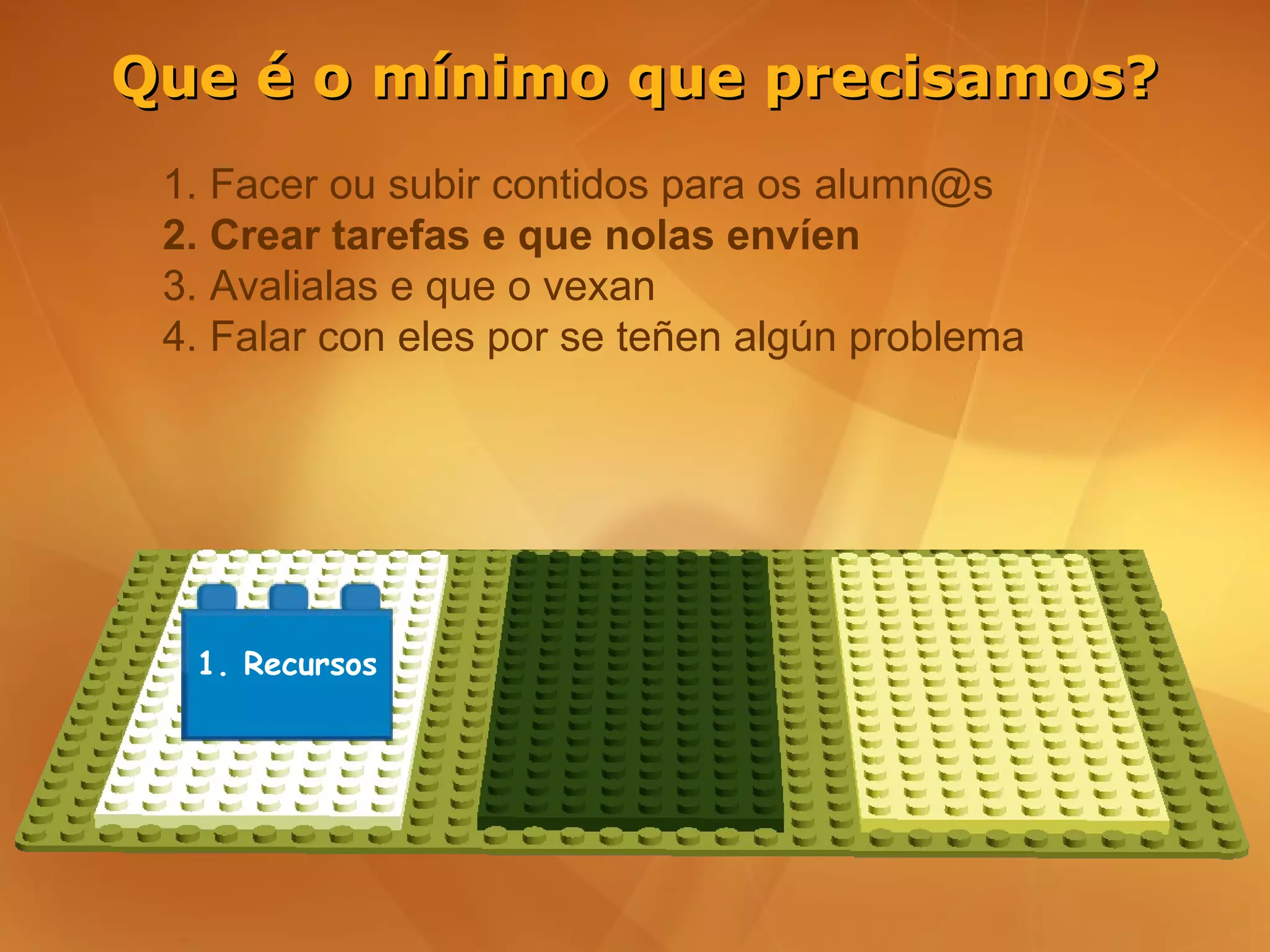 Que é o mínimo que precisamos?
 1. Facer ou subir contidos para os alumn@s
 2. Crear tarefas e que nolas envíen
 3. Avalialas e que o vexan
 4. Falar con eles por se teñen algún problema




  1. Recursos
 