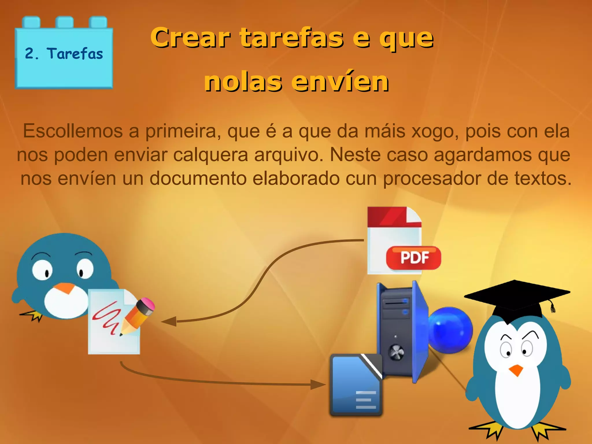 2. Tarefas
              Crear tarefas e que
                    nolas envíen
 Escollemos a primeira, que é a que da máis xogo, pois con ela
nos poden enviar calquera arquivo. Neste caso agardamos que
nos envíen un documento elaborado cun procesador de textos.
 