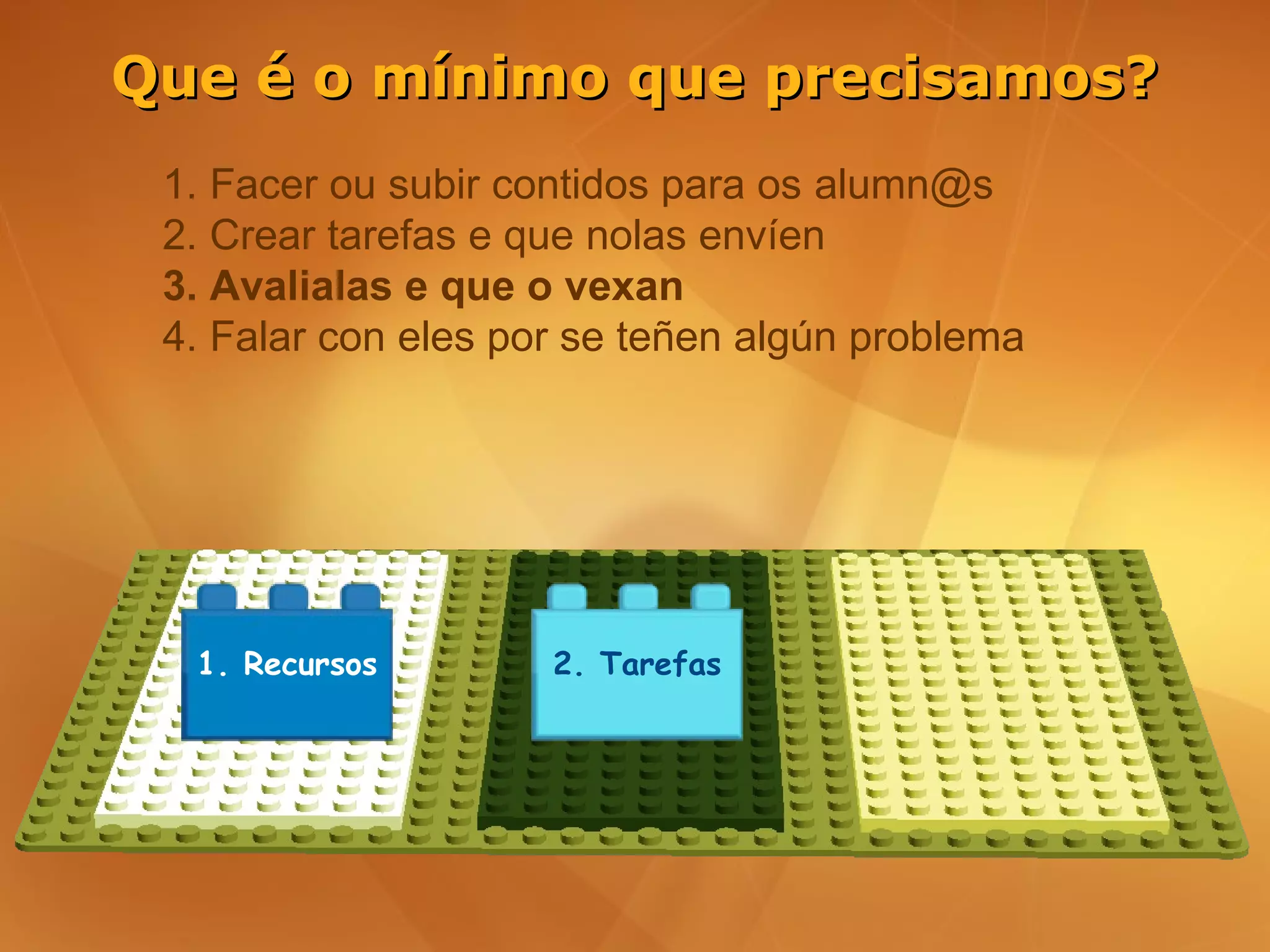 Que é o mínimo que precisamos?
 1. Facer ou subir contidos para os alumn@s
 2. Crear tarefas e que nolas envíen
 3. Avalialas e que o vexan
 4. Falar con eles por se teñen algún problema




  1. Recursos        2. Tarefas
 