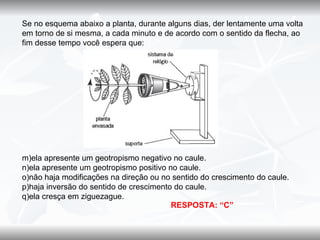 Se no esquema abaixo a planta, durante alguns dias, der lentamente uma volta
em torno de si mesma, a cada minuto e de acordo com o sentido da flecha, ao
fim desse tempo você espera que:




m)ela apresente um geotropismo negativo no caule.
n)ela apresente um geotropismo positivo no caule.
o)não haja modificações na direção ou no sentido do crescimento do caule.
p)haja inversão do sentido de crescimento do caule.
q)ela cresça em ziguezague.
                                         RESPOSTA: “C”
 