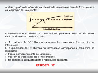 Analise o gráfico da influência da intensidade luminosa na taxa de fotossíntese e
da respiração de uma planta:




Considerando as condições do ponto indicado pela seta, todas as afirmativas
estão teoricamente corretas, exceto:

a) A qualidade de CO2 liberado na respiração corresponde à consumida na
fotossíntese.
b) A quantidade de O2 liberado na fotossíntese corresponde à consumida na
respiração.
c) Cessa o armazenamento de carboidrato.
d) Cessam as trocas gasosas com o ambiente.
e) Há condições adequadas para a reprodução da planta.

                            RESPOSTA: “E”
 