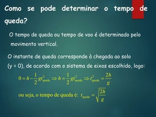 Como se pode determinar o tempo de
queda?
O tempo de queda ou tempo de voo é determinado pelo
movimento vertical.
O instante de queda corresponde à chegada ao solo
(y = 0), de acordo com o sistema de eixos escolhido, logo:
2 2 2
queda queda queda
queda
1 1 2
0
2 2
2
ou seja, o tempo de queda é:
h
h gt h gt t
g
h
t
g
     

 
