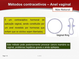 Métodos contracetivos – Anel vaginal



   É        um   contraceptivo   hormonal        de
   aplicação vaginal, sendo constituído por
   um anel revestido por hormonas que
   evitam que os oócitos sejam libertados;




        Este método pode posteriormente provocar cancro mamário ou
        vaginal, problemas hepáticos graves e ainda epilepsia.


Page  15                              IL 2012
 