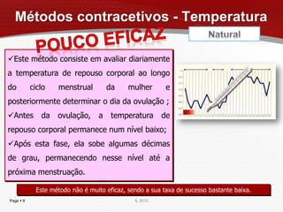 Métodos contracetivos - Temperatura

Este método consiste em avaliar diariamente
a temperatura de repouso corporal ao longo
do         ciclo   menstrual         da     mulher       e
posteriormente determinar o dia da ovulação ;
Antes        da   ovulação,     a    temperatura       de
repouso corporal permanece num nível baixo;
Após esta fase, ela sobe algumas décimas
de grau, permanecendo nesse nível até a
próxima menstruação.

            Este método não é muito eficaz, sendo a sua taxa de sucesso bastante baixa.
Page  9                                      IL 2012
 