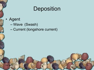 Deposition Agent Wave (Swash) Current (longshore current)