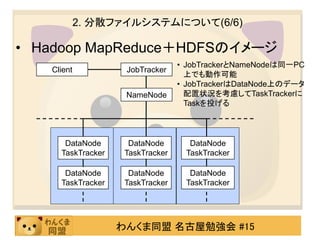 2. 分散ファイルシステムについて(6/6)

• Hadoop MapReduce＋HDFSのイメージ
                                  • JobTrackerとNameNodeは同一PC
   Client           JobTracker
                                    上でも動作可能
                                  • JobTrackerはDataNode上のデータ
                    NameNode        配置状況を考慮してTaskTrackerに
                                    Taskを投げる




      DataNode       DataNode       DataNode
     TaskTracker    TaskTracker    TaskTracker

      DataNode       DataNode       DataNode
     TaskTracker    TaskTracker    TaskTracker




                   わんくま同盟 名古屋勉強会 #15
 