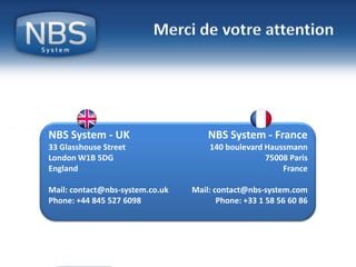 31
©NBS System
Sécurité – Hébergement - Infogérance
www.nbs-system.com
Merci de votre attention
NBS System - UK
33 Glasshouse Street
London W1B 5DG
England
Mail: contact@nbs-system.co.uk
Phone: +44 845 527 6098
NBS System - France
140 boulevard Haussmann
75008 Paris
France
Mail: contact@nbs-system.com
Phone: +33 1 58 56 60 86
 